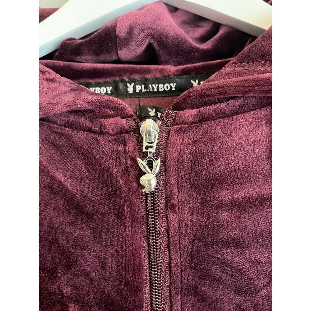 Playboy M Burgundy Velour Cropped Zip Hoodie Rhinestone Bunny Y2K Streetwear - Picture 5 of 8